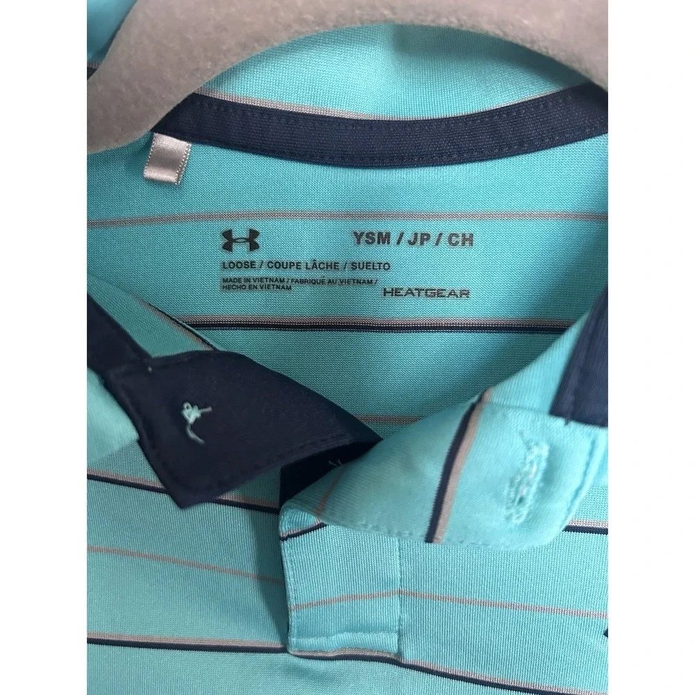 Youth Small Under Armour Teal Striped Heatgear Shortsleeve Golf Polo - Picture 4 of 6
